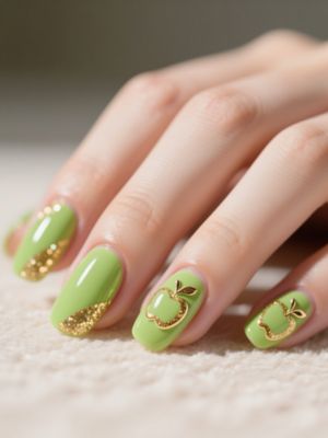 Lime Green Nails with Gold Glitter & Apples