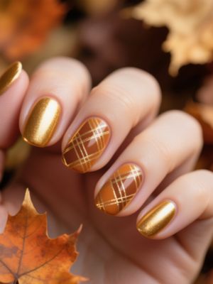 Golden Nails with Tartan Patten for Autumn