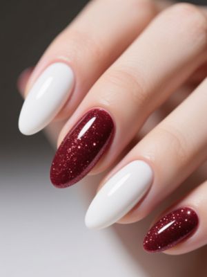 White and Maroon Nails with Glitter