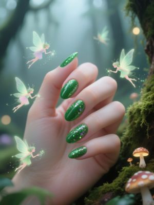 Forest Green Nails with Glitter & Fairies