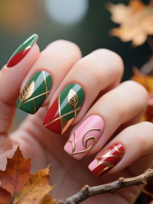 Green, Red and Pink Fall Nail Design