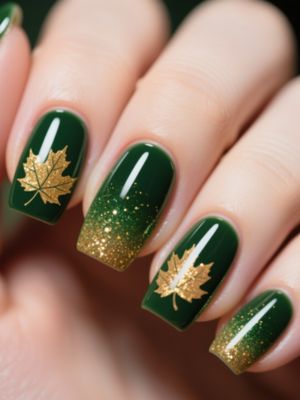 Green Autumn Stick-On Nails with Glitter