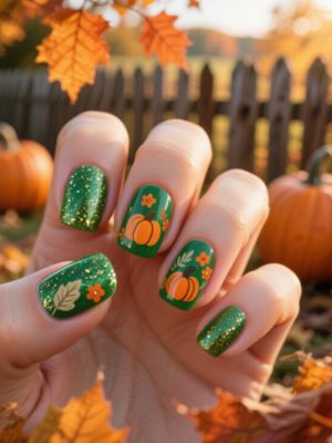Green Nails with Glitter & Pumpkin Patch
