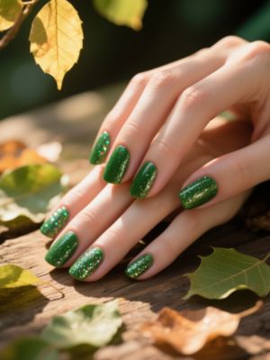 Forest Green Nails with Glitter & Sunlit Leaves