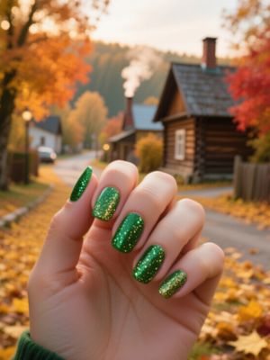 Green Nails with Glitter & Autumn Town Scene