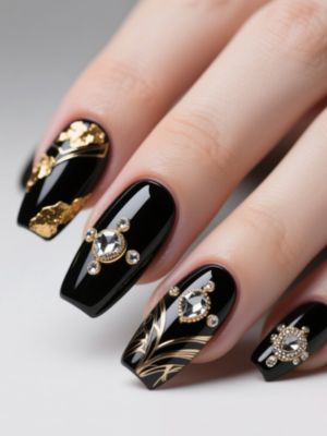 Black Nails with Embellishments