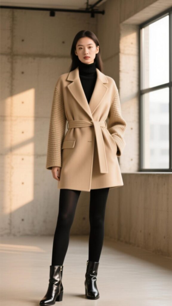 Beige Belted Coat with Black Tights and Boots