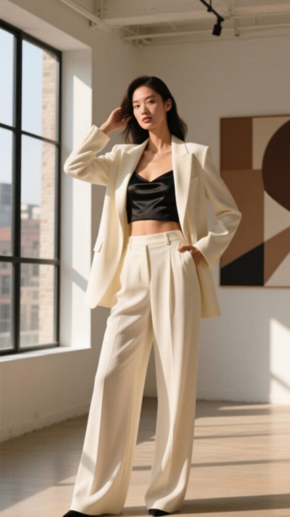 Cream Blazer with Crop Top and Wide-Leg Pants