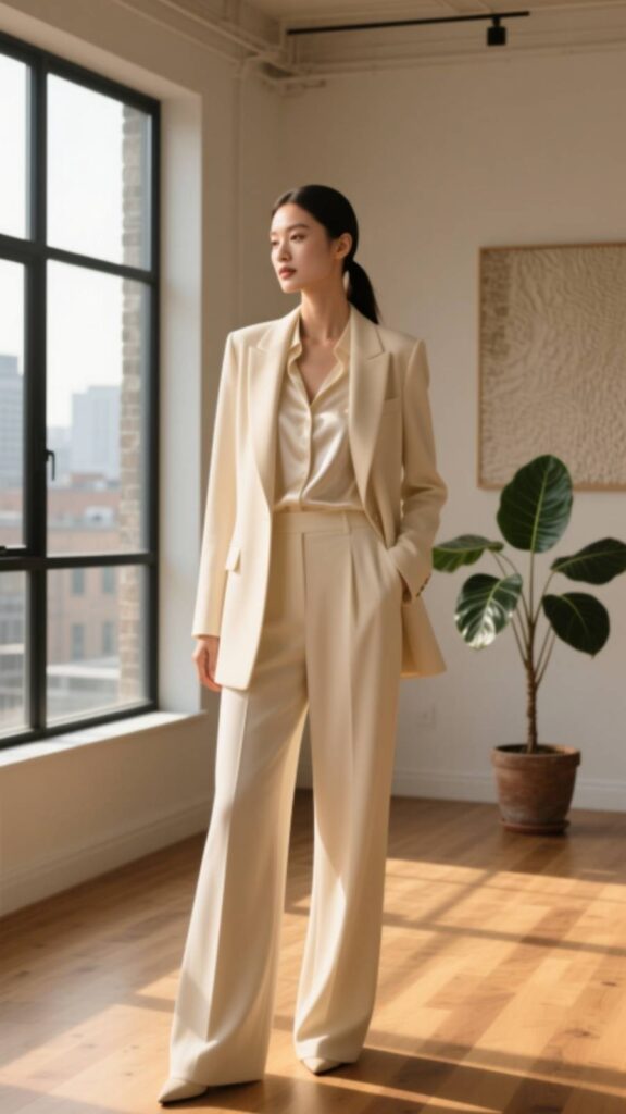 All-Cream Ensemble with Beige Blazer