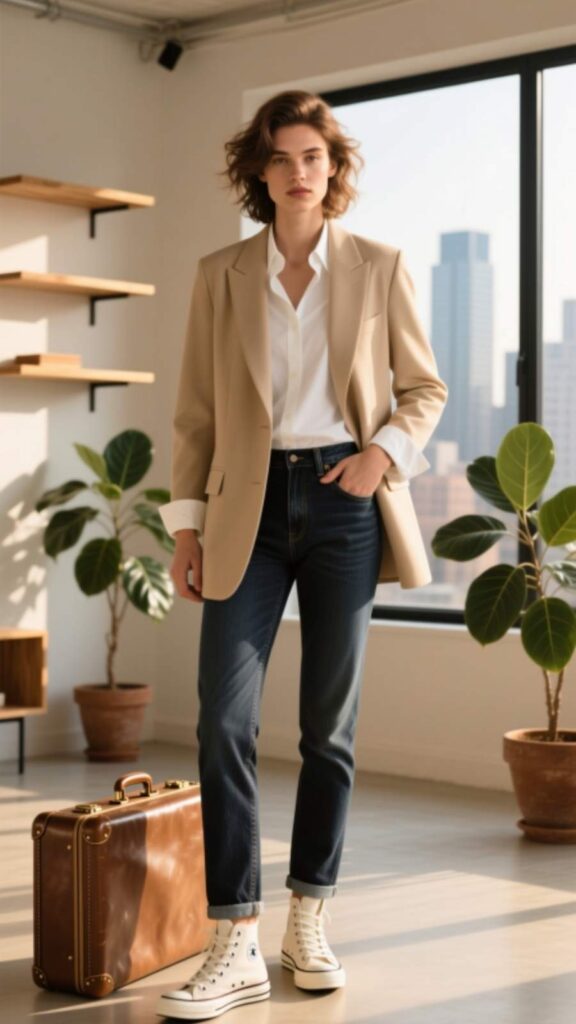 Beige Blazer with Jeans and High-Tops