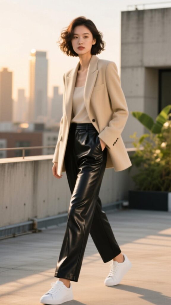 Beige Blazer with Leather Trousers and Sneakers
