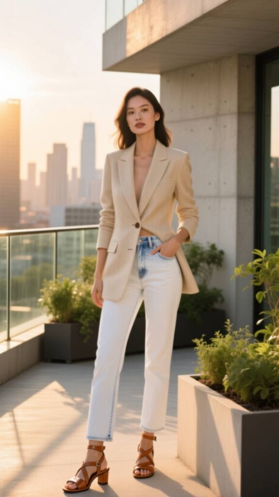 Beige Blazer with White Jeans and Strappy Sandals
