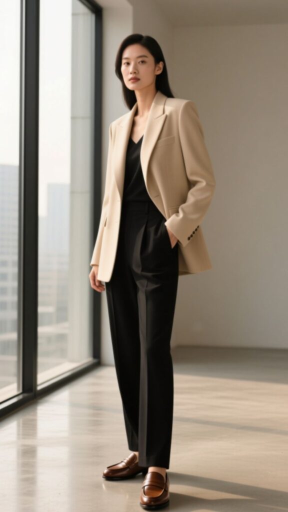 Beige Blazer with Black Trousers and Loafers