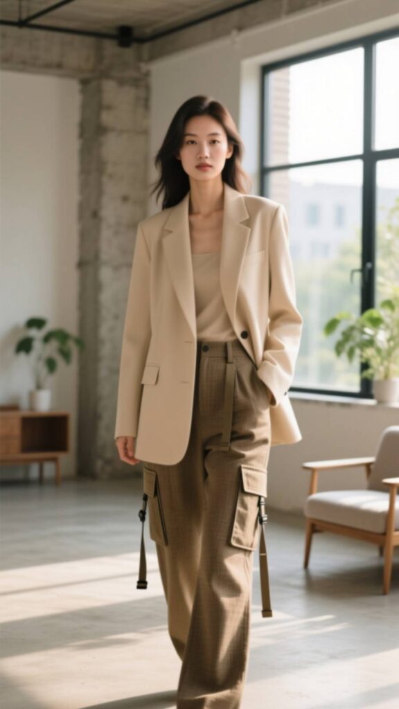 Beige Blazer and Cargo Pants Ensemble