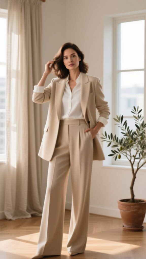 Beige Blazer with White Blouse and Wide-Leg Trousers