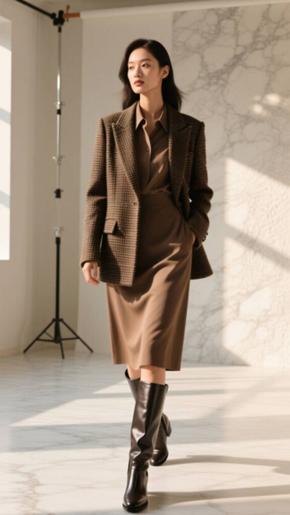Tweed Blazer Over Shirt Dress with Boots