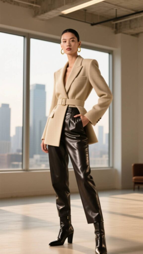 Belted Beige Blazer with Leather Pants