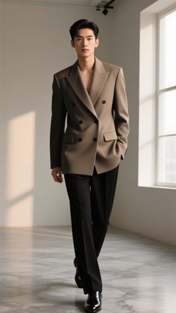 Dark Beige Double-Breasted Blazer with Black Trousers
