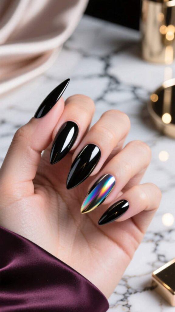 Holographic Black Chrome Nails