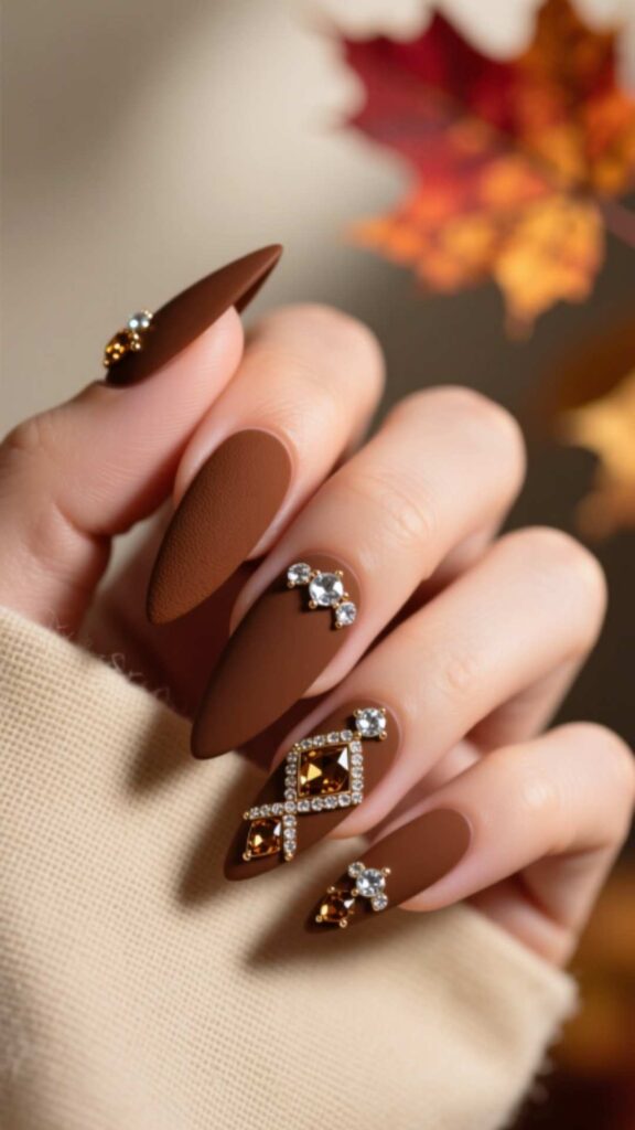 Brown Matte Coffin Nails with Rhinestones