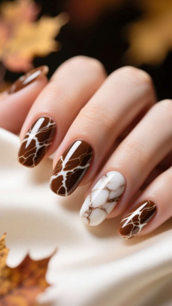 Brown and White Marble Nails