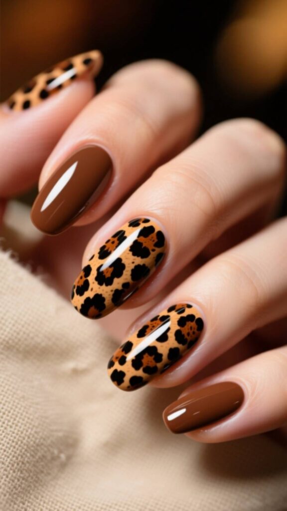 Brown and Leopard Print Nails