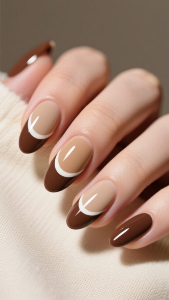 Brown and Beige Half-Moon Nails