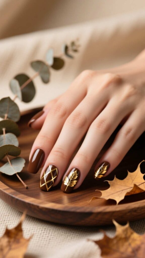 Brown Nails with Gold Foil