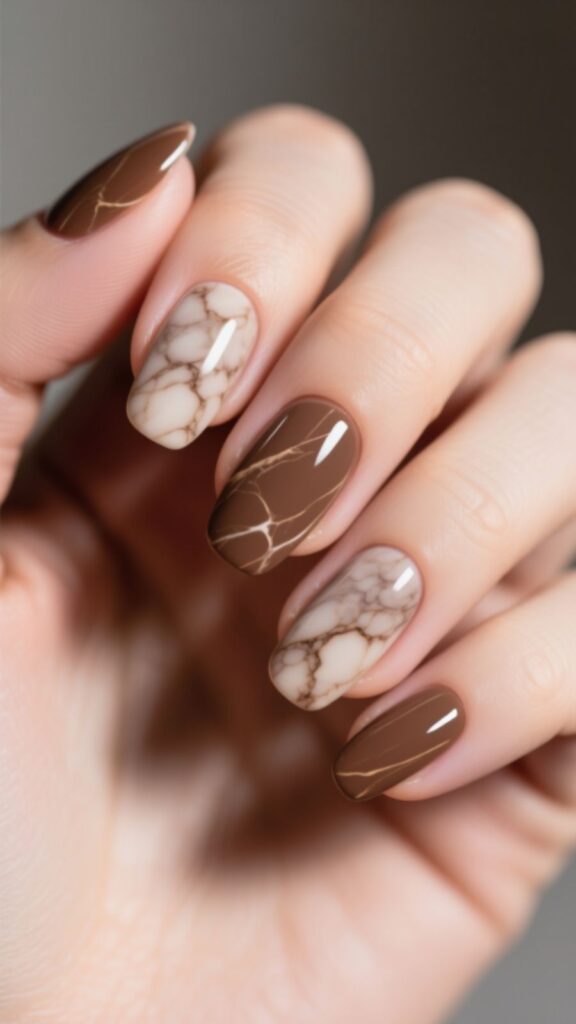 Neutral Brown Marble Nails