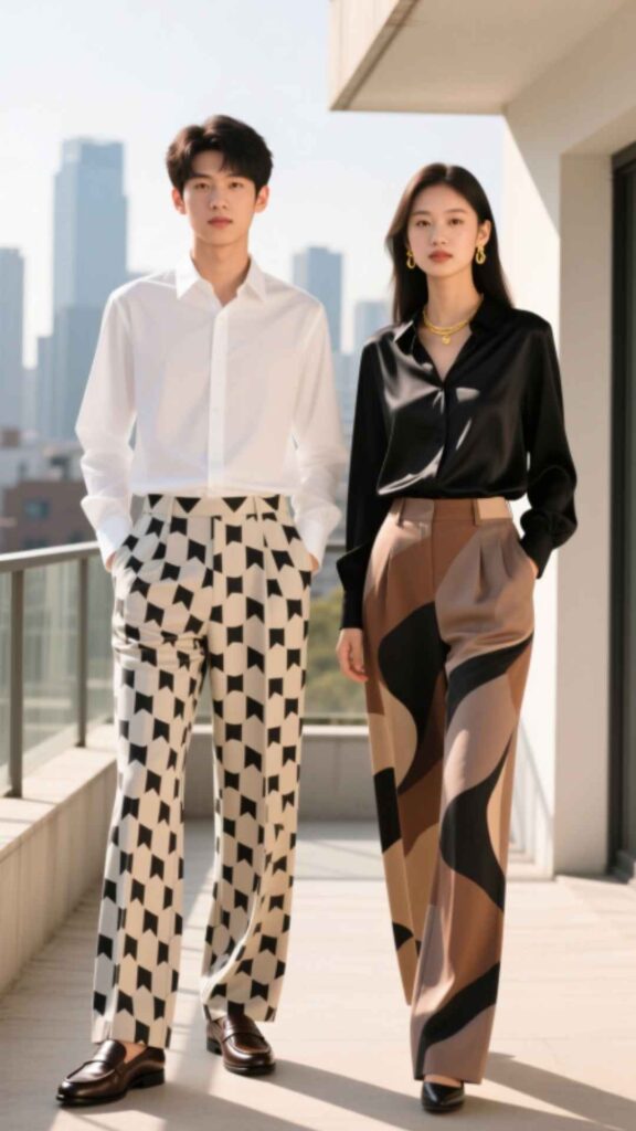 Patterned Trousers with Solid Blouse