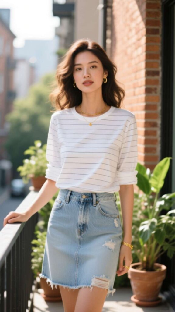 Striped T-Shirt with Denim Skirt
