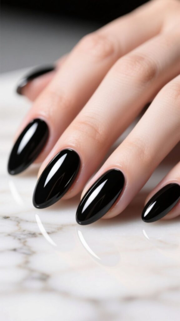 Glossy Black Almond Nails