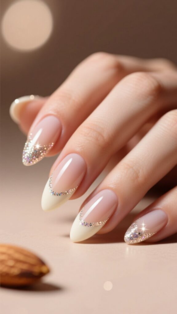 French Almond Nails with Glitter