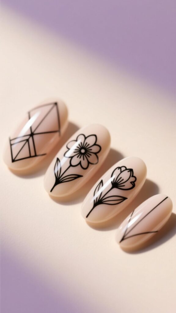 Minimal Line Art on Almond Nails