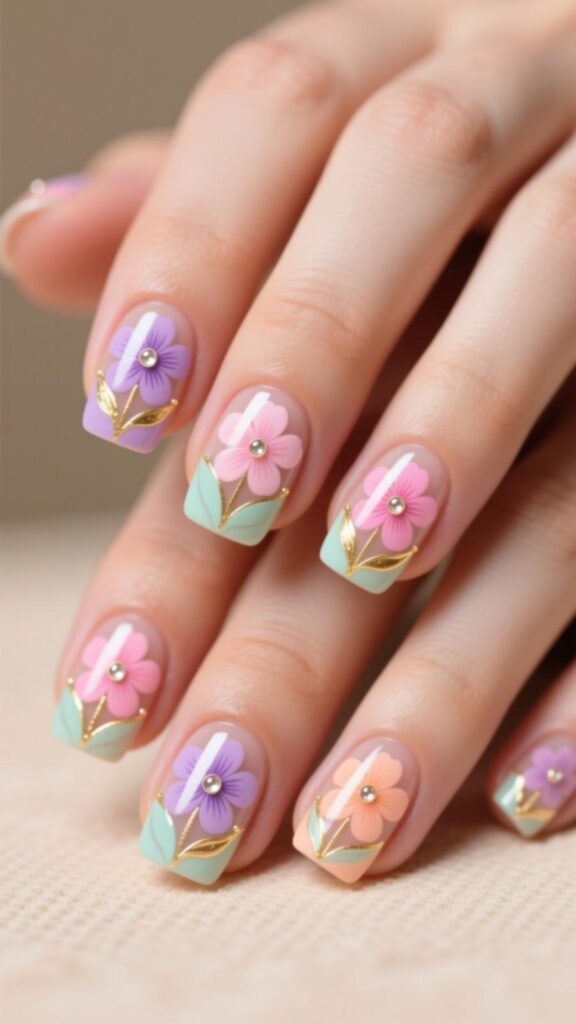 Floral Design Square Round Nails