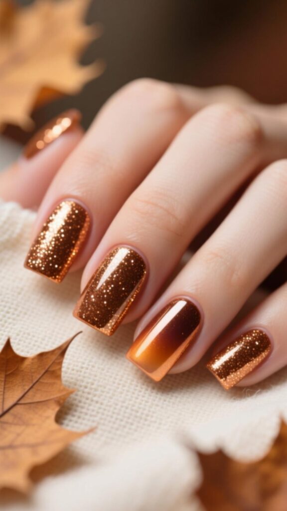 Glittery Copper Square Nails