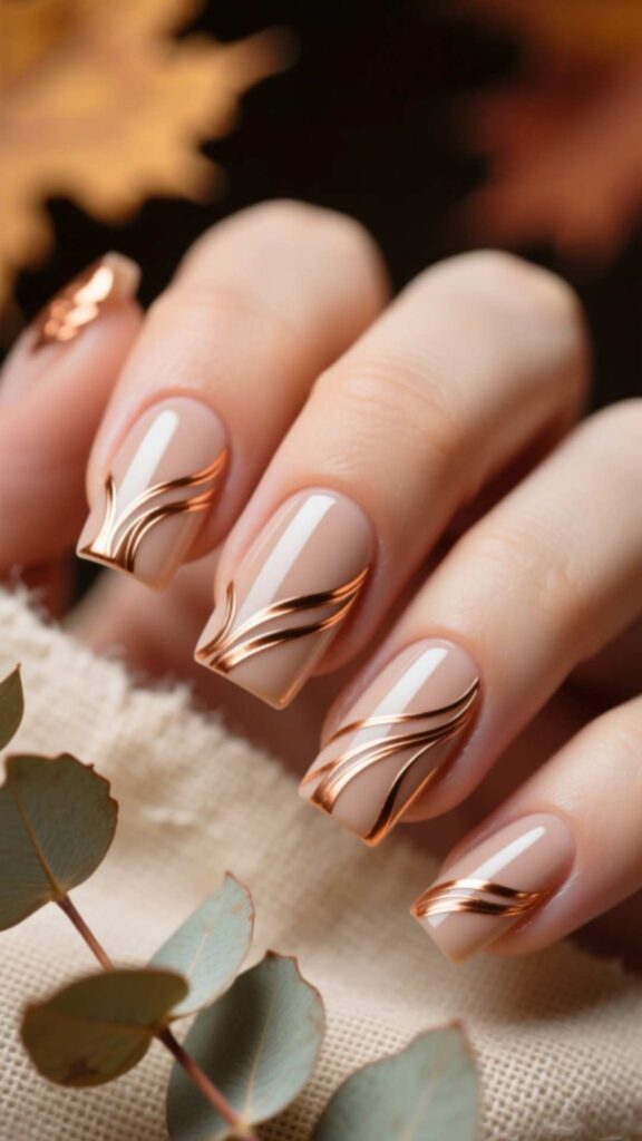 Nude Nails with Copper Foil Lines