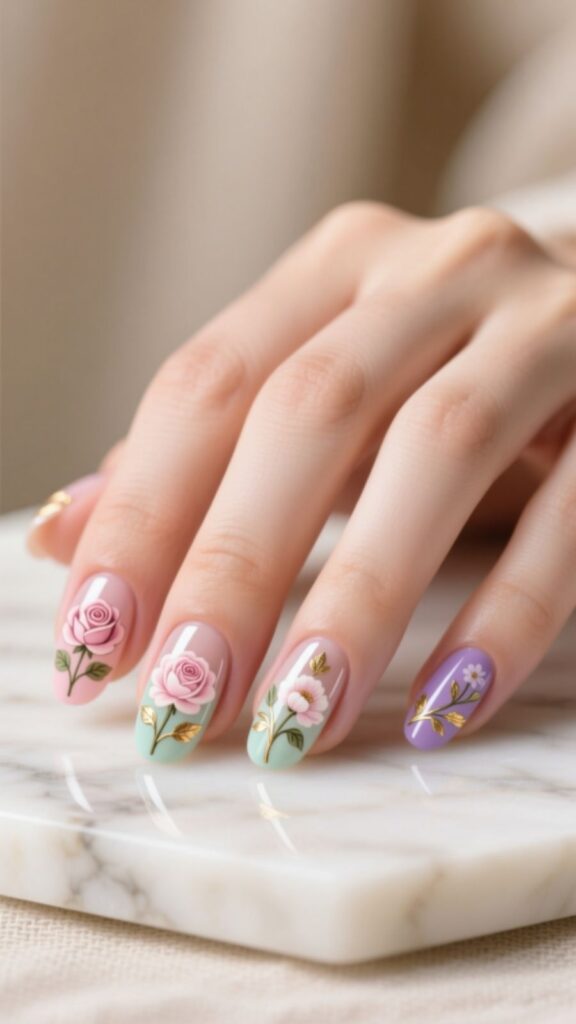 Floral Art French Nails