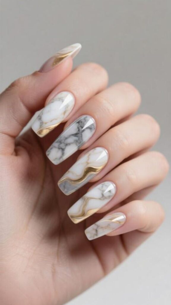 Marble Design Coffin Acrylic Nails