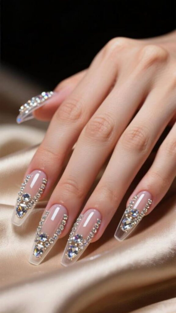 Rhinestone Coffin Acrylic Nails