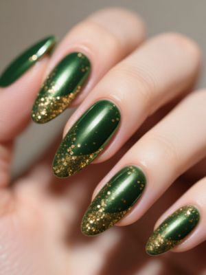 Metallic Hunter Green Nails with Gold Glitter