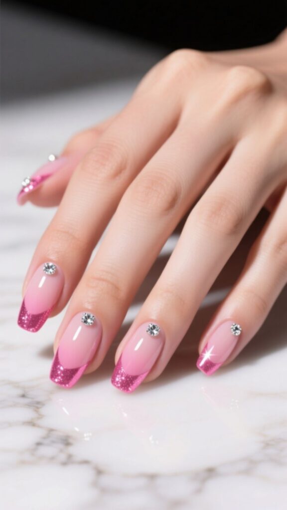 Rhinestone Pink French Tips