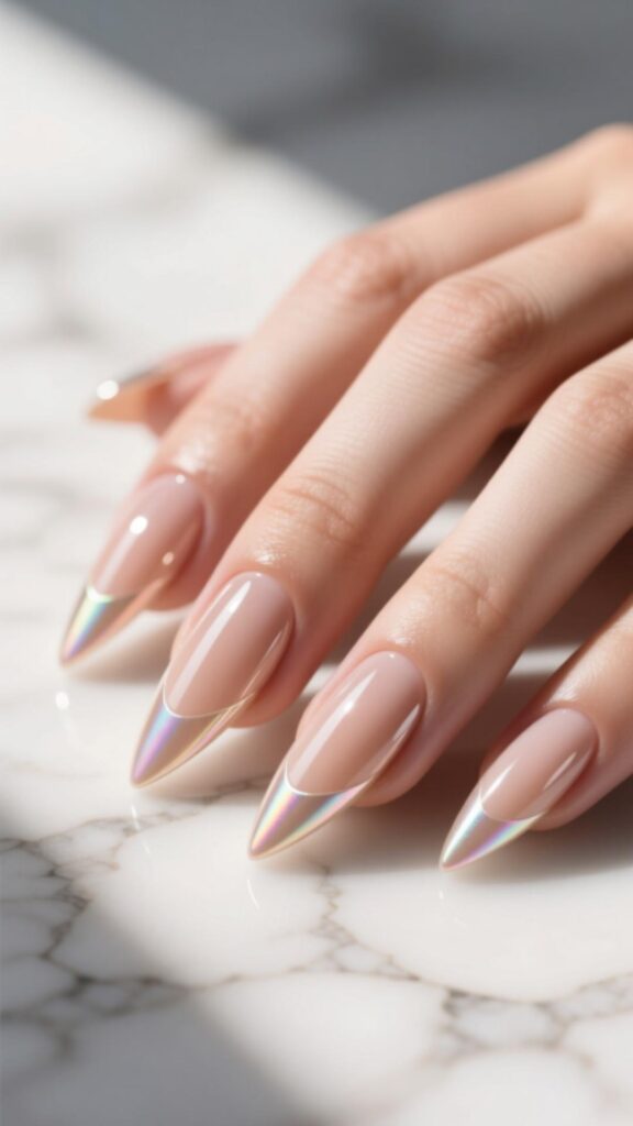 Nude Stiletto Nails with a Glossy Finish