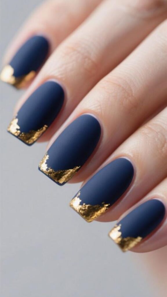 Matte Navy & Gold Accent Nails