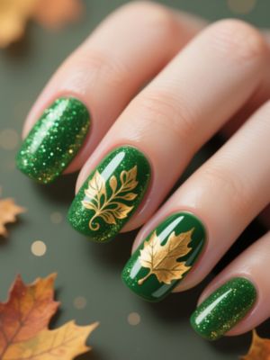 Glittery Green Fall Nails with Golden Leaves