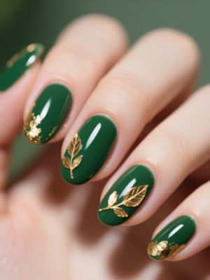 Forest Green Nails with Gold Foil & Leaf Accents