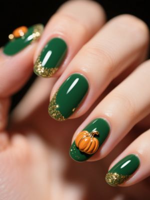 Emerald Green Nails with Gold Glitter & Pumpkin Accents