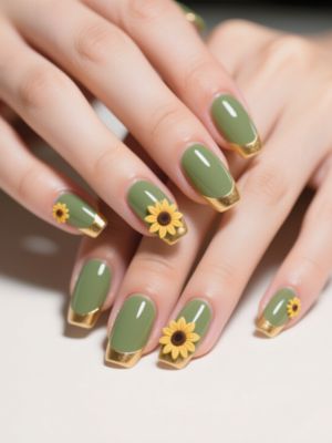 Olive Green Nails with Gold French Tips & Sunflower Accents