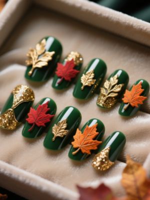 Hunter Green Coffin Nails with Gold Glitter & Autumn Leaf Accents