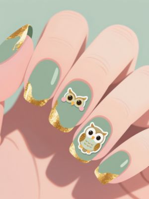 Matte Sage Green Nails with Gold Accents & Owl Stickers